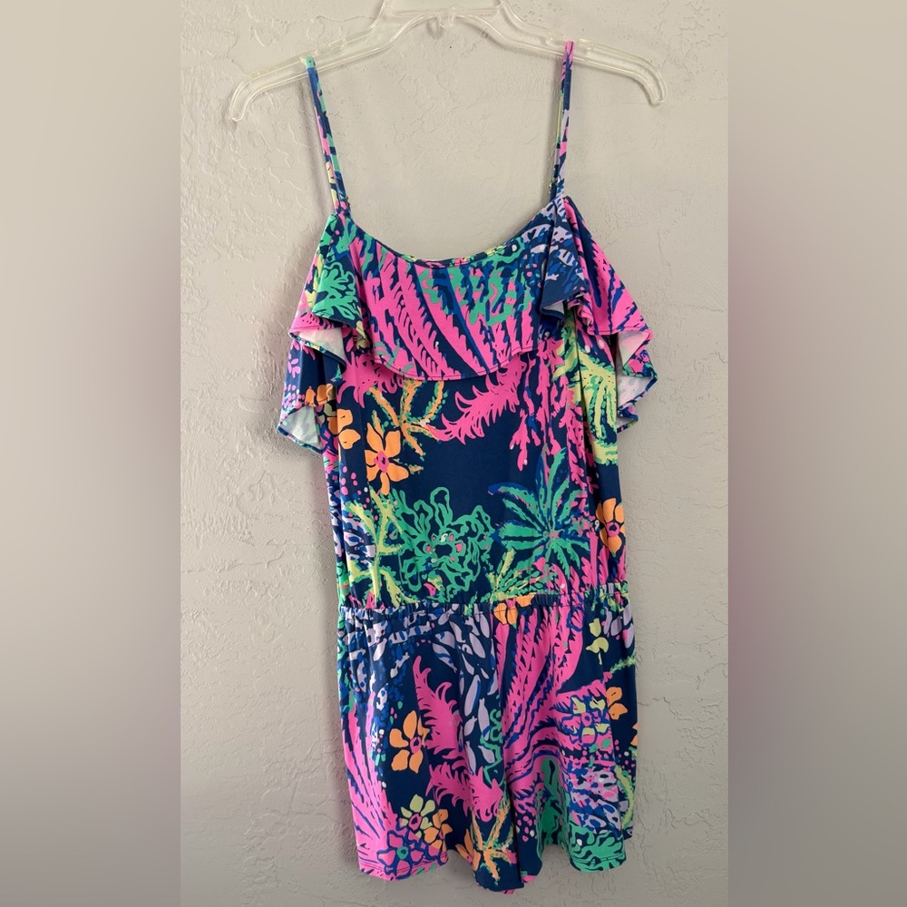 Lilly Pulitzer Navy Tropical Print Ruffled Romper with Neon Accents